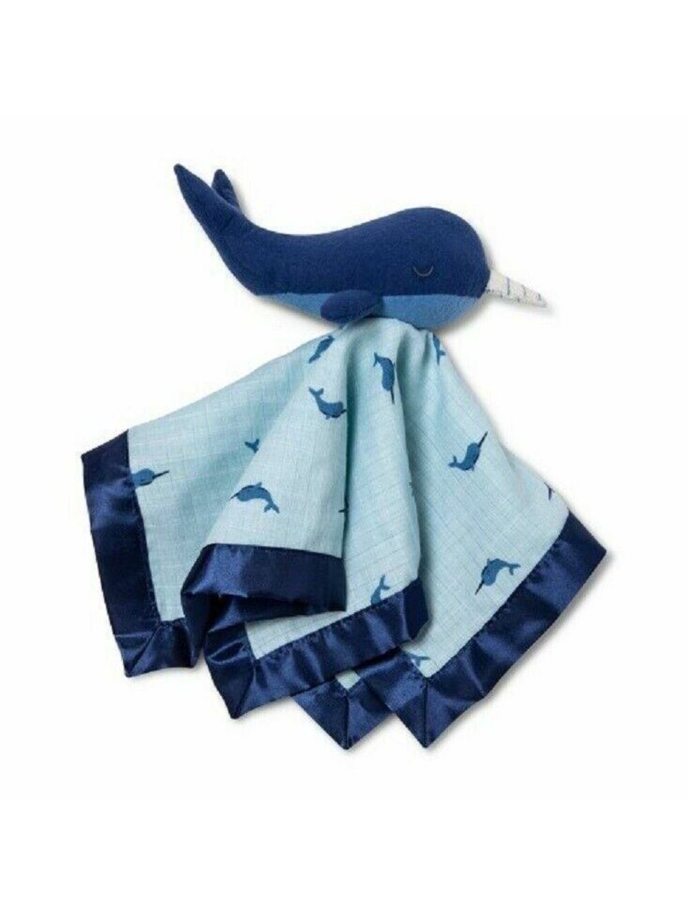CLOUD ISLAND Small Security Blanket Narwhal Whale Unicorn Blue Muslin Satin NEW